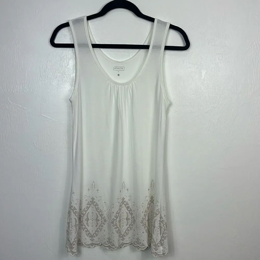 Athleta White Eyelet Embroidery Scoop Neck Sleeveless Tunic Top Size L